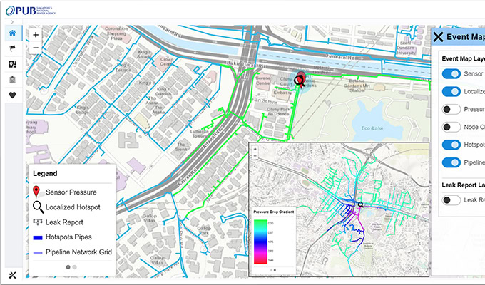 Map showing a water pipeline network with sensor locations, pressure data, and potential leak points marked. Legend and inset map detail areas of concern.