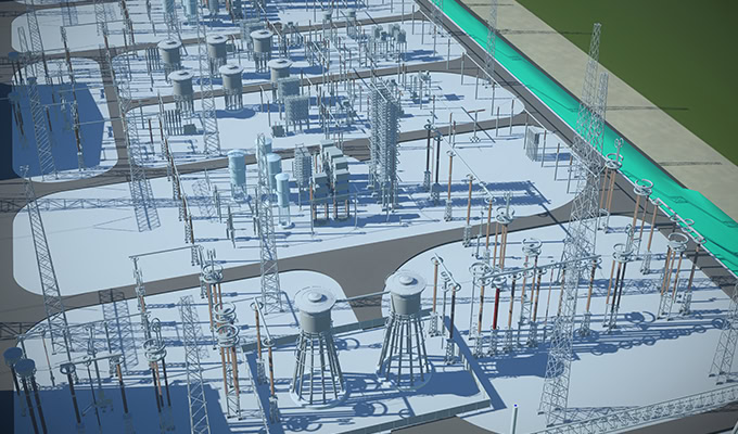 Um modelo 3D detalhado de um complexo industrial com várias estruturas, tubulações e tanques, mostrado de um ponto elevado Perspective.