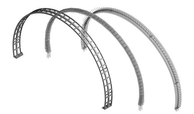 Tre strutture ad arco metallico in varie fasi di costruzione visualizzate in sequenza progressiva da sinistra a destra.