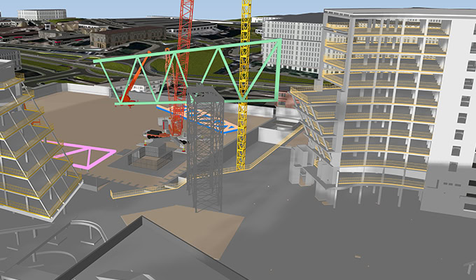 Representación digital de una obra con estructuras parcialmente construidas y grúas. La imagen muestra diferentes edificios, grúas y andamios, lo que indica las actividades de construcción en curso.