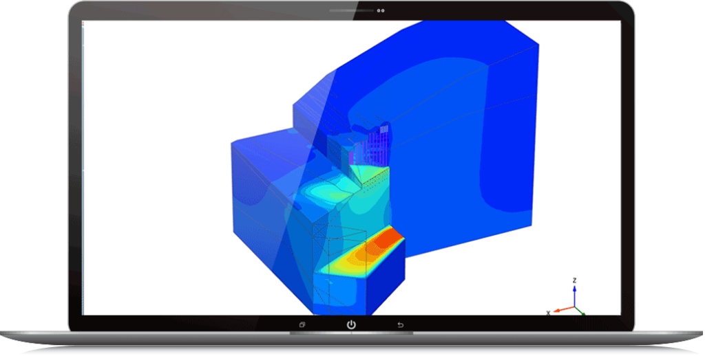 A laptop displaying a colorful heat map simulation on the screen with a 3D model, highlighting various temperature gradients relevant to soil mechanics.