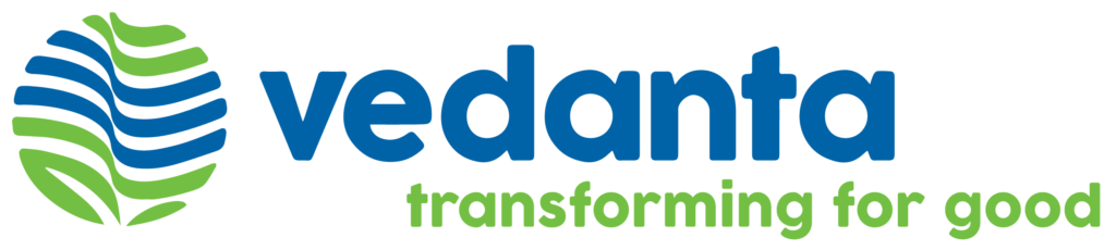 Vedanta Limited's logo showcases blue text "vedanta" and green text "transforming for good," complemented by a stylized leaf design on the left.