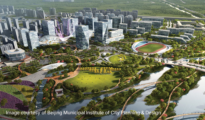 Futuristic city aerial view with modern buildings, green parks, a stadium, and surrounding waterways.