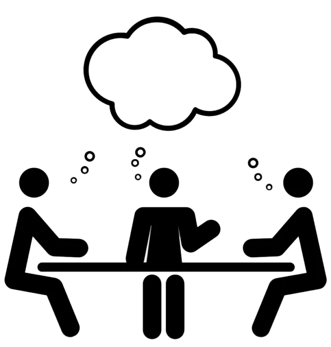 Three stick figures at a table engaged in discussion, with a thought cloud above, symbolizing brainstorming and idea generation. This scene captures the essence of advisory services, where collaboration leads to innovative solutions.