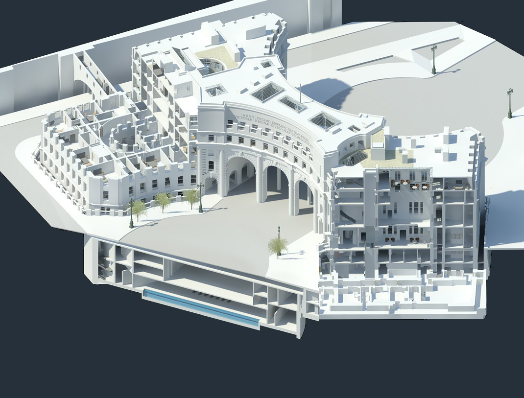 Architectural model of a multi-level building with an arched entrance, showcasing detailed interior sections, basement design, and surrounding structures reminiscent of the Waldorf Astoria Hotel in London.