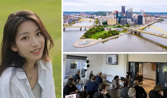 Collage of a smiling woman, an aerial view of a city with rivers and bridges, and a classroom with people facing a screen.